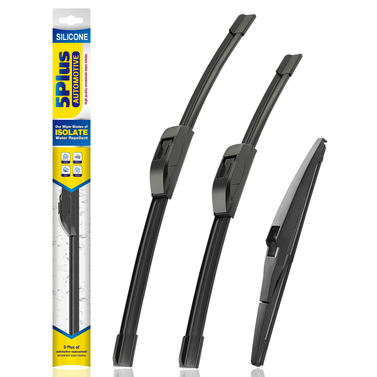 5 PLUS front packaging showing three replacement wipers and model compatibility benefit