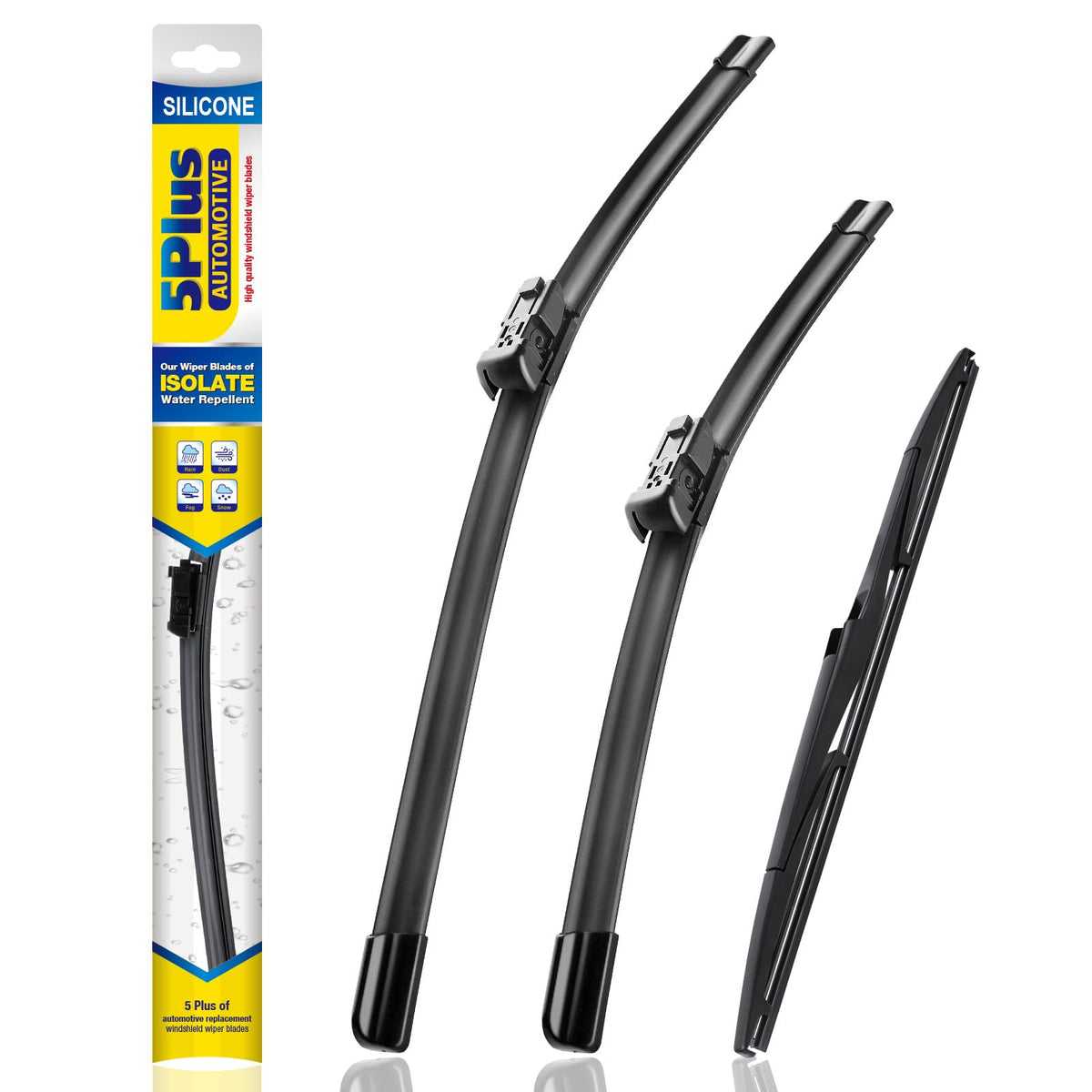 5 PLUS front packaging showing the 3-pack wiper set and compatibility benefits
