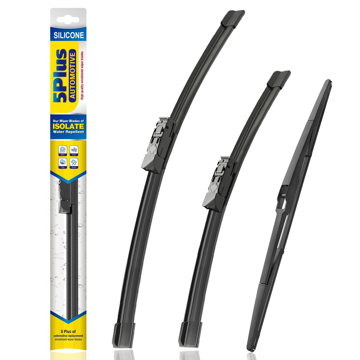 5 PLUS front packaging showing 3-pack wipers and fitment for Prius benefit: clear compatibility