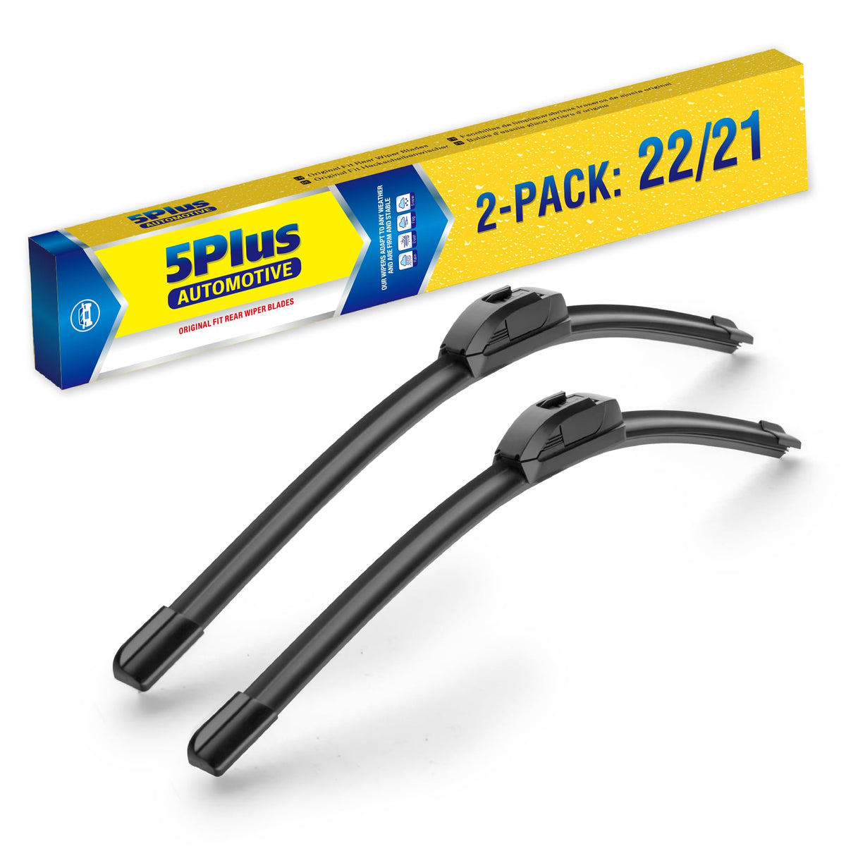 5 PLUS front packaging showing complete wiper set and fitment benefits
