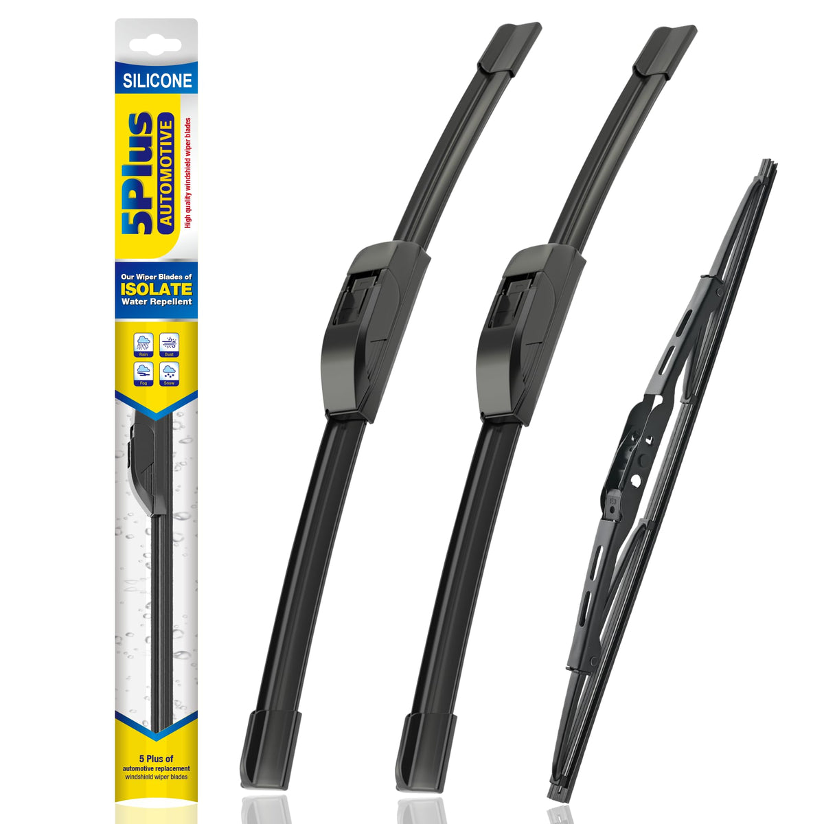 5 PLUS front packaging showing three replacement blades and fitment details