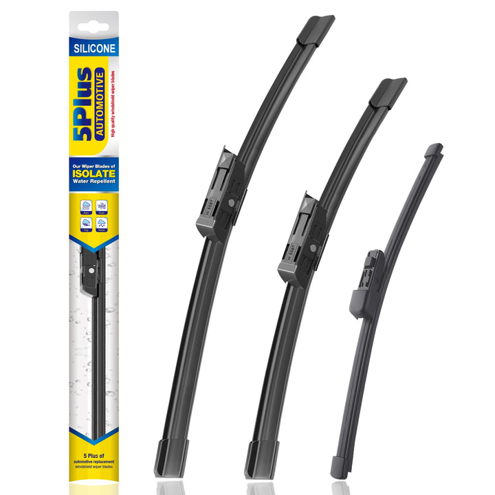 5 PLUS front packaging showing three wiper blades and sizes, benefit quick replacement