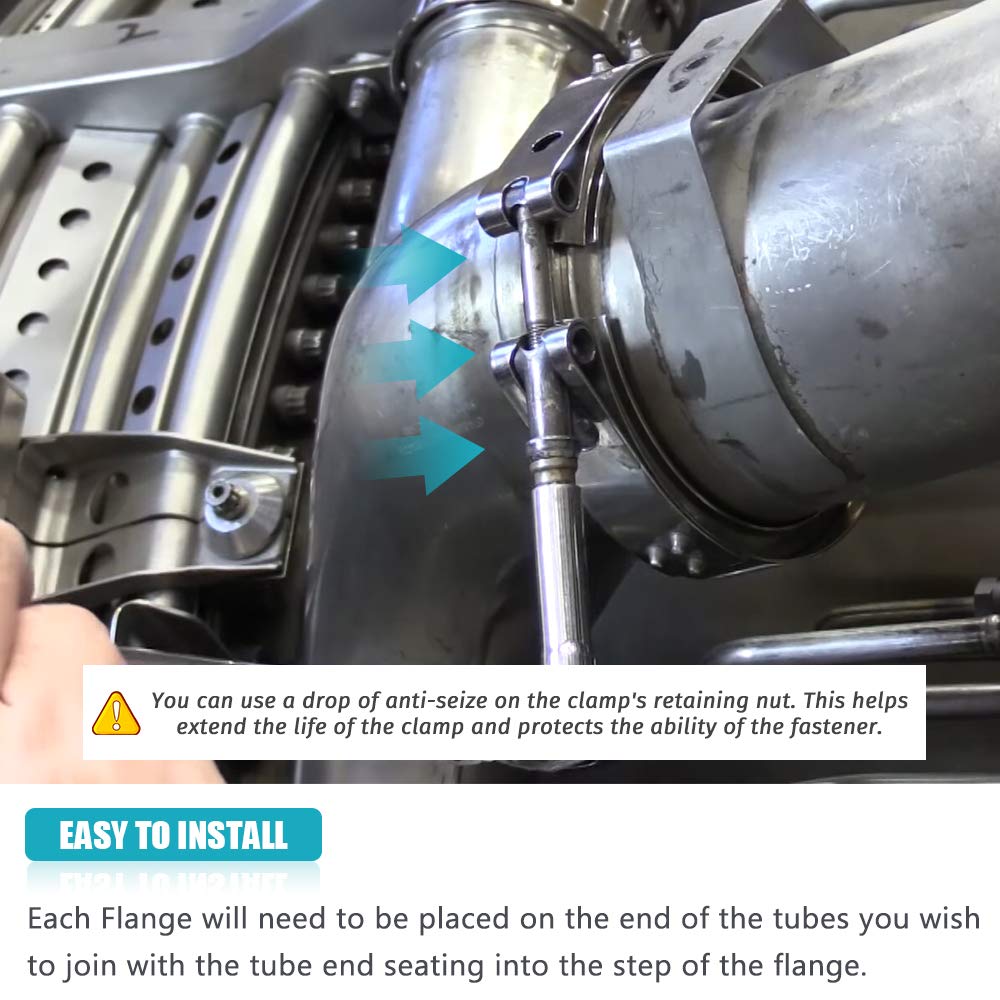 A ABIGAIL clamp installed on 3" exhaust pipe demonstrating fast single-nut removal advantage