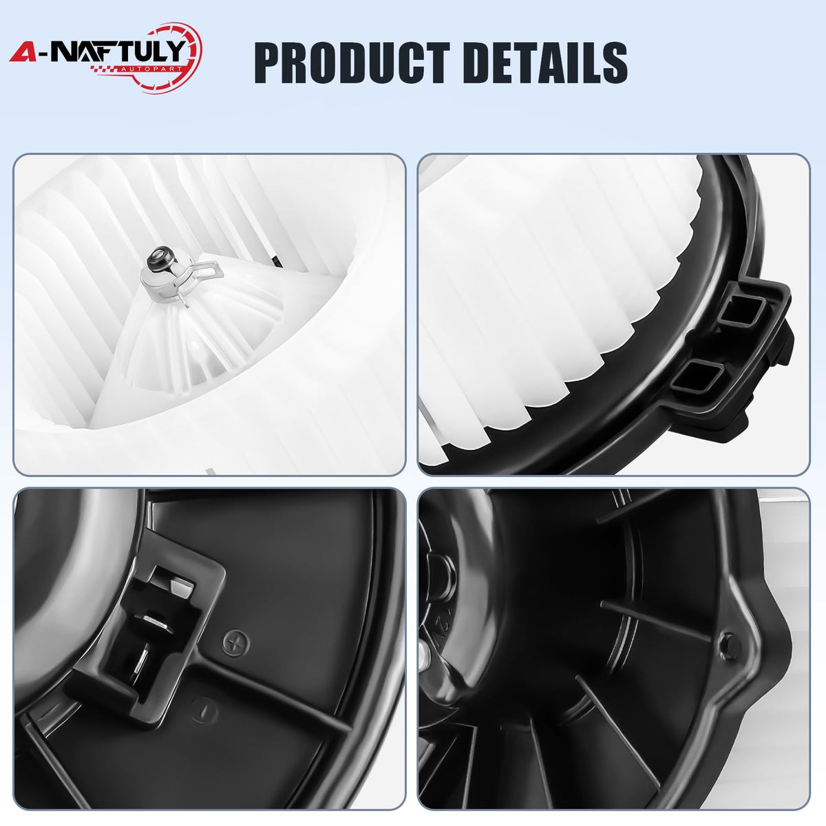 A-NAFTULY fan cage close-up highlighting balanced blades for quieter airflow