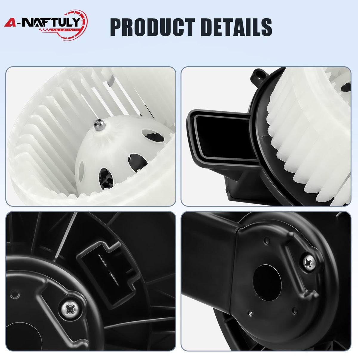 A-NAFTULY fan cage close-up showing balanced blades for quieter operation