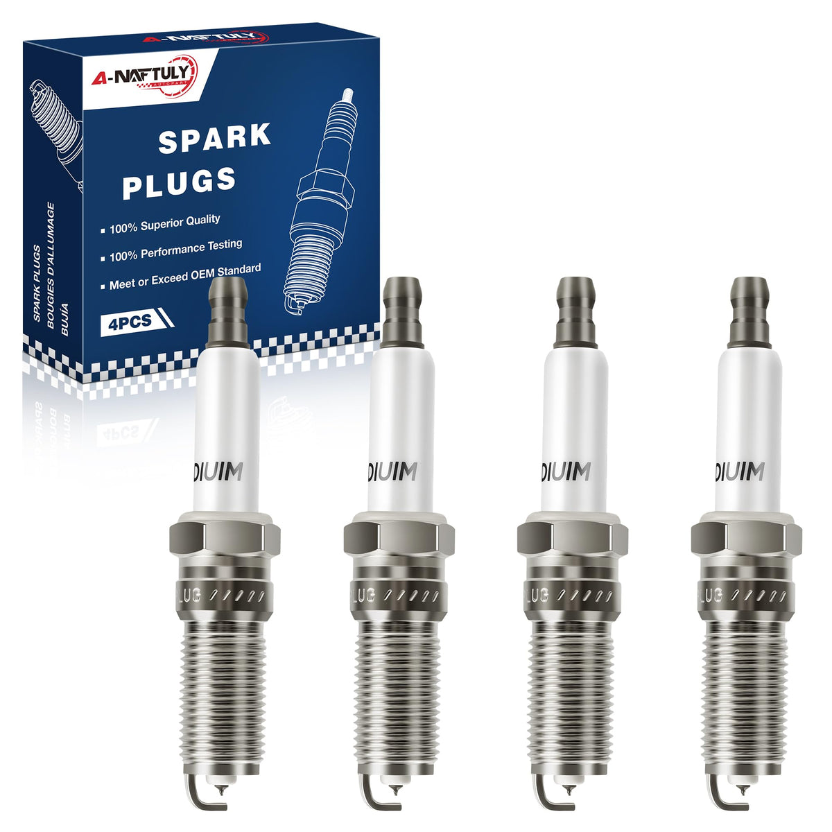 A-NAFTULY iridium spark plugs front view showing product and packaging benefits