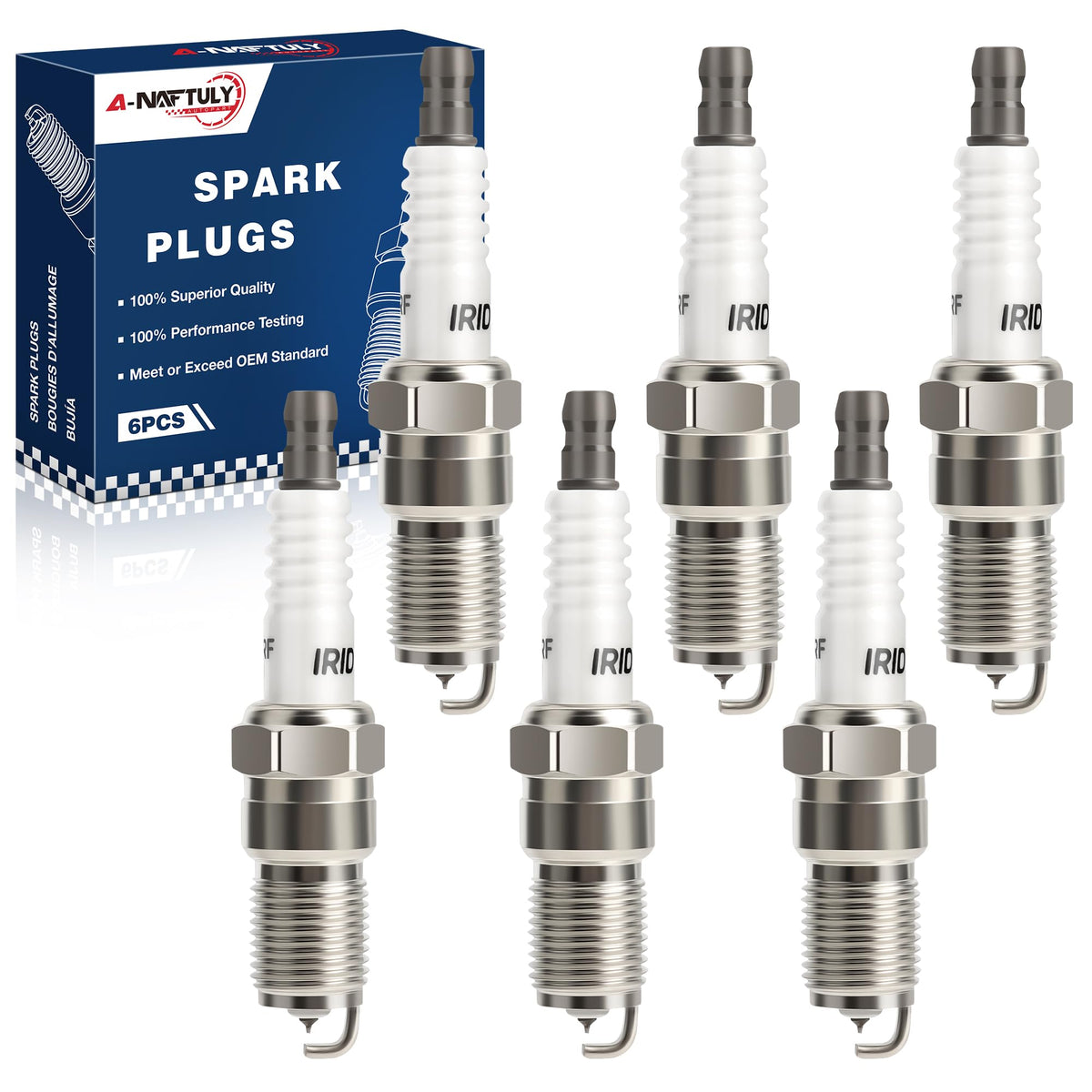 A-NAFTULY front packaging showing six iridium spark plugs and part numbers