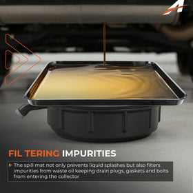 A-Outsanding pan positioned under vehicle drain catching fluid to reduce spills