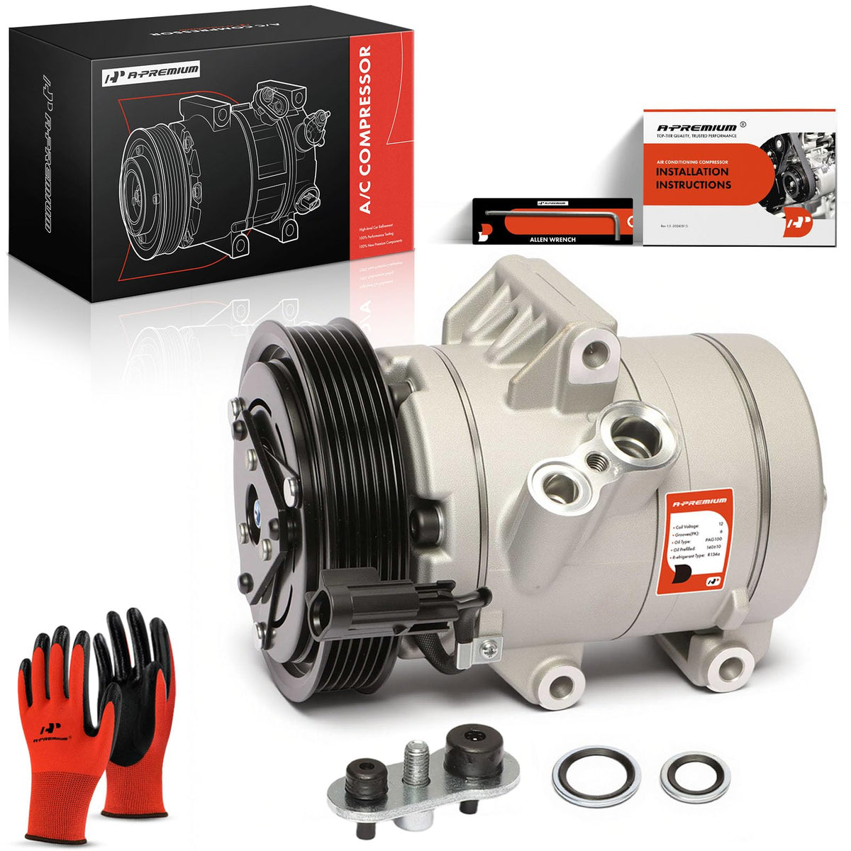 A-Premium front assembly view showing complete compressor and clutch, demonstrates full replacement benefit