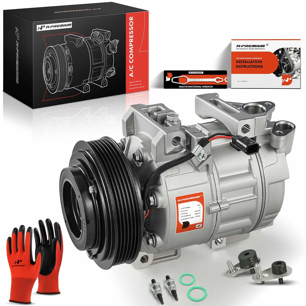 A-Premium front assembly view showing compressor and clutch for quick recognition and confident fit