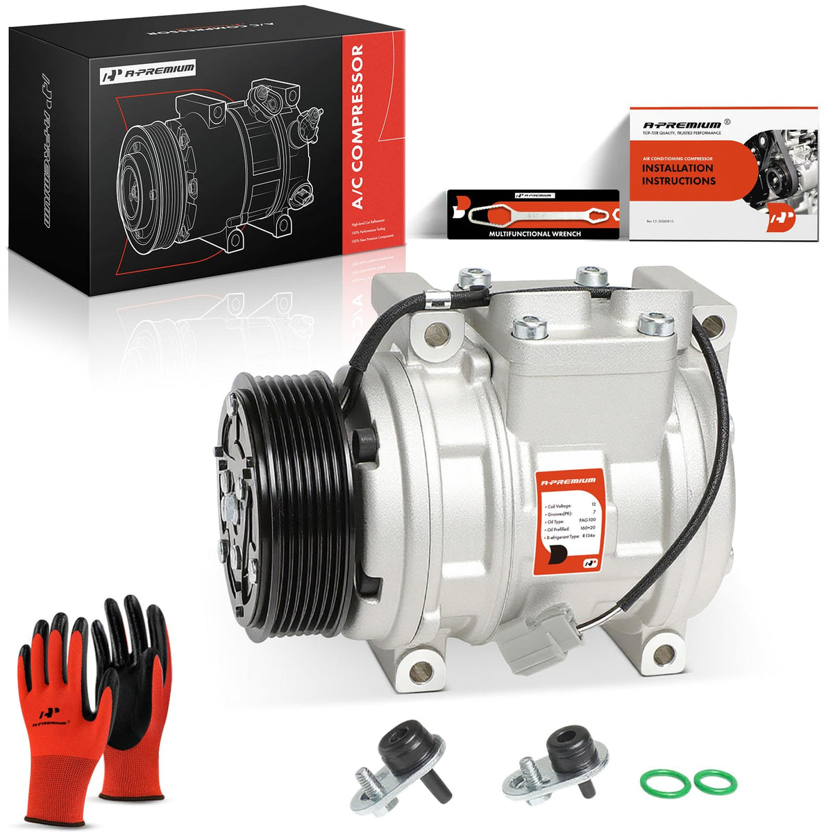 A-Premium front view of compressor showing mounting points and OEM fit benefit