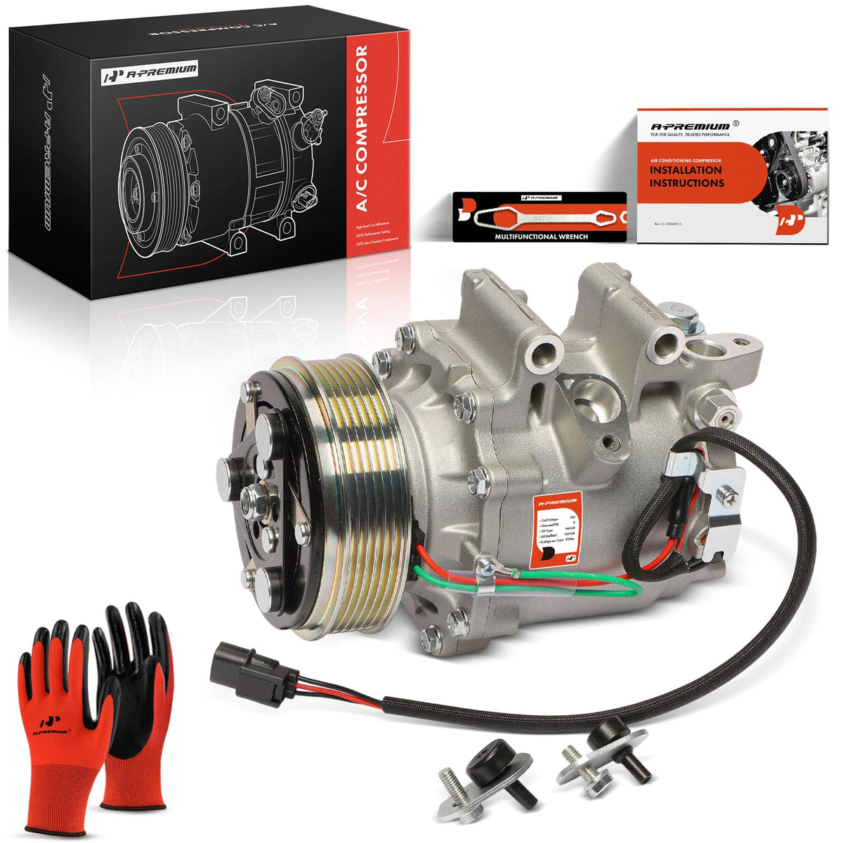 A-Premium AC compressor front view showing mounting points and benefits of OE fit
