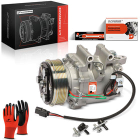 A-Premium AC compressor front view showing mounting points and benefits of OE fit