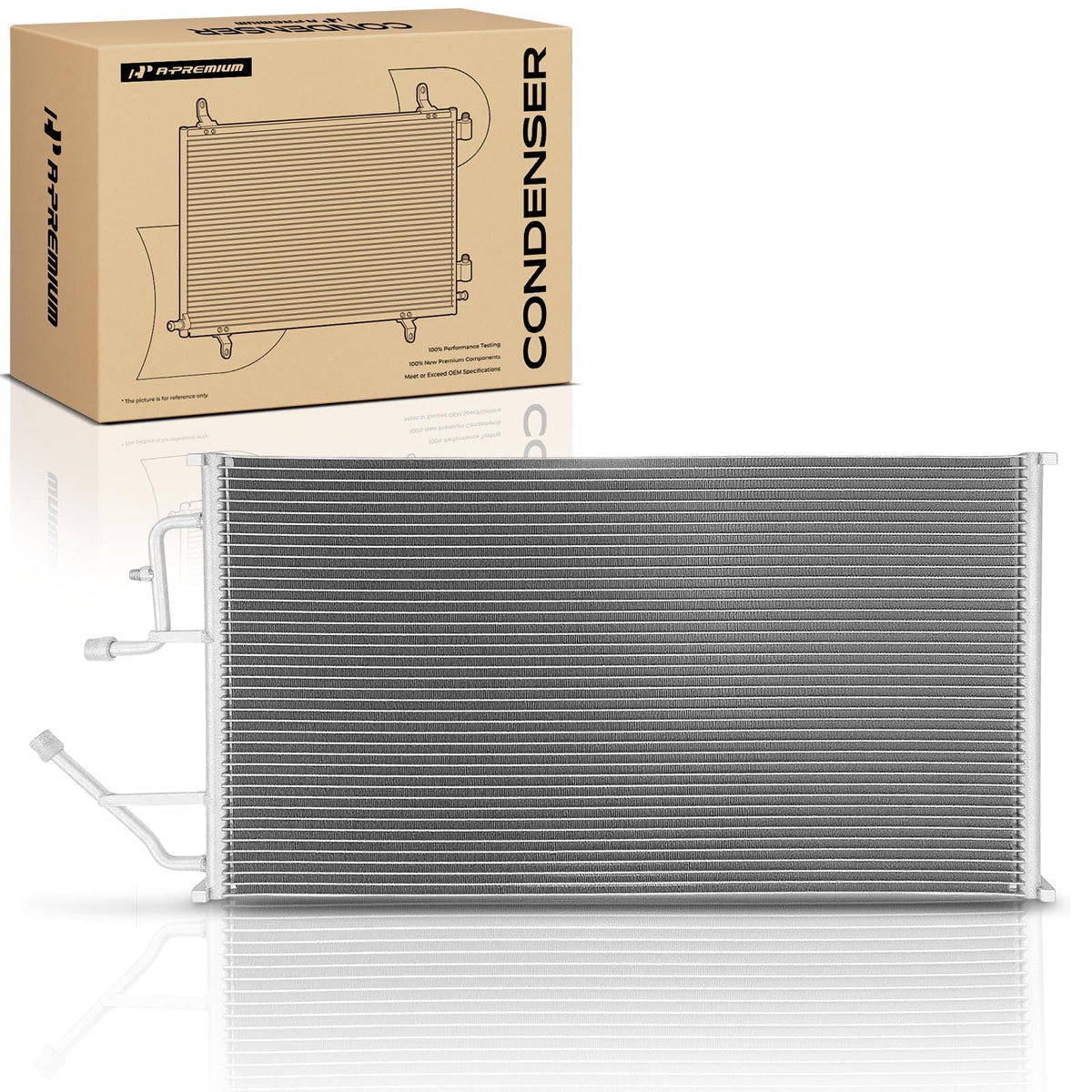 A-Premium condenser front view showing full core and inlet outlets for reliable fit