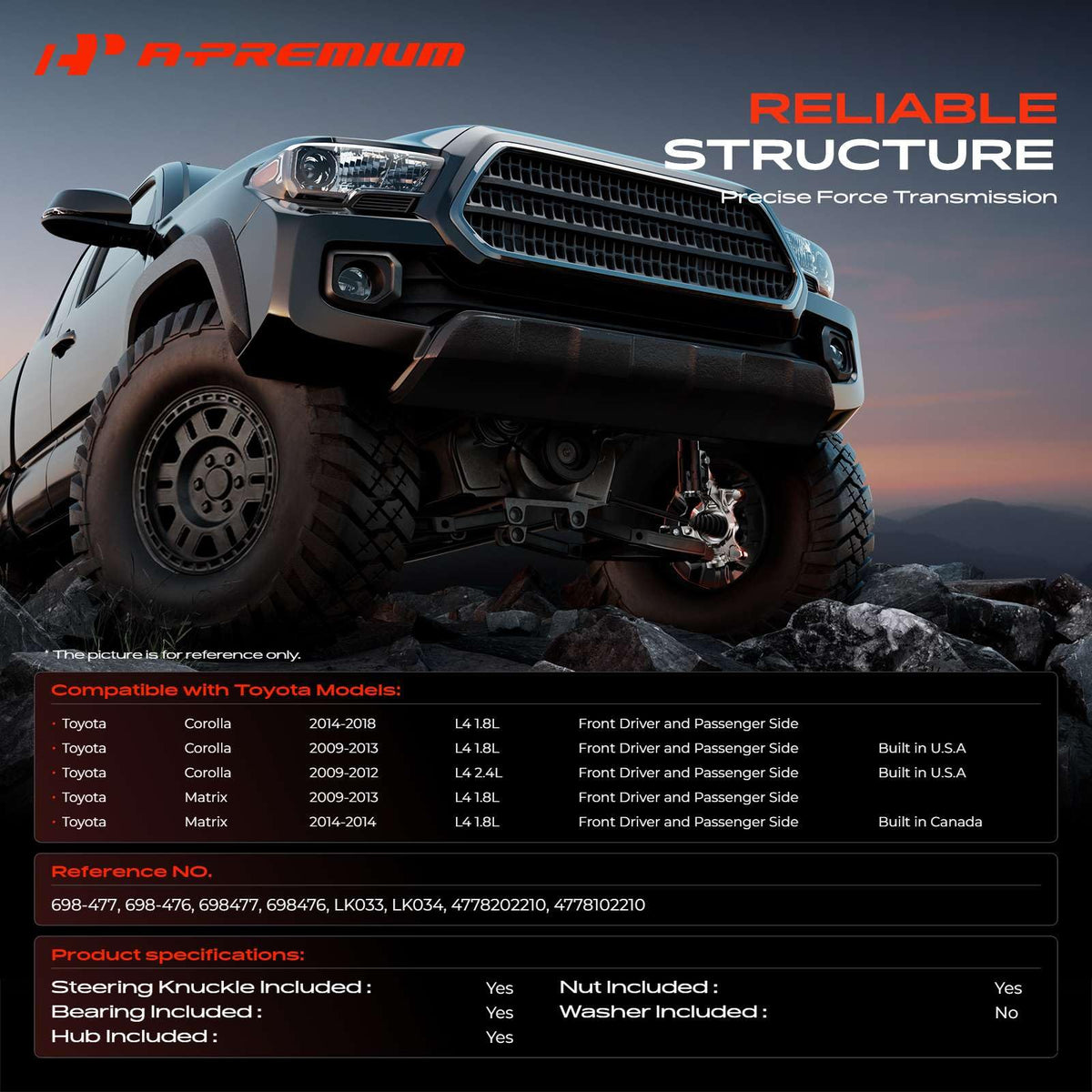 A-Premium assembled knuckle and hub front view highlighting exact fit and improved handling