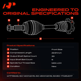 A-Premium axle side profile showing 22.91 inch compressed length for correct fit