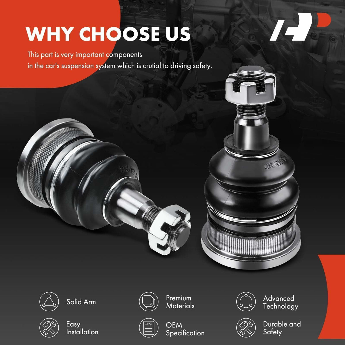 A-Premium driver and passenger ball joints displayed side-by-side for matched replacement convenience