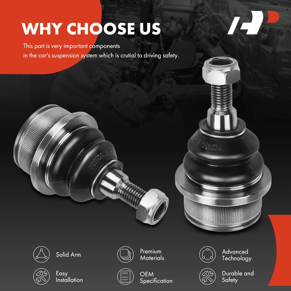 A-Premium ball joint next to ruler indicating correct dimensions for accurate replacement