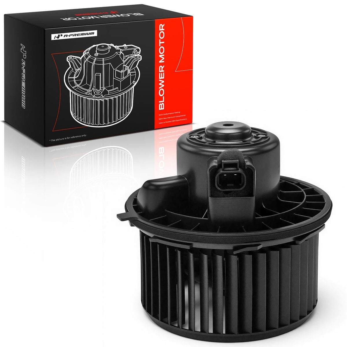 A-Premium blower motor front view showing direct-fit design and reliable airflow