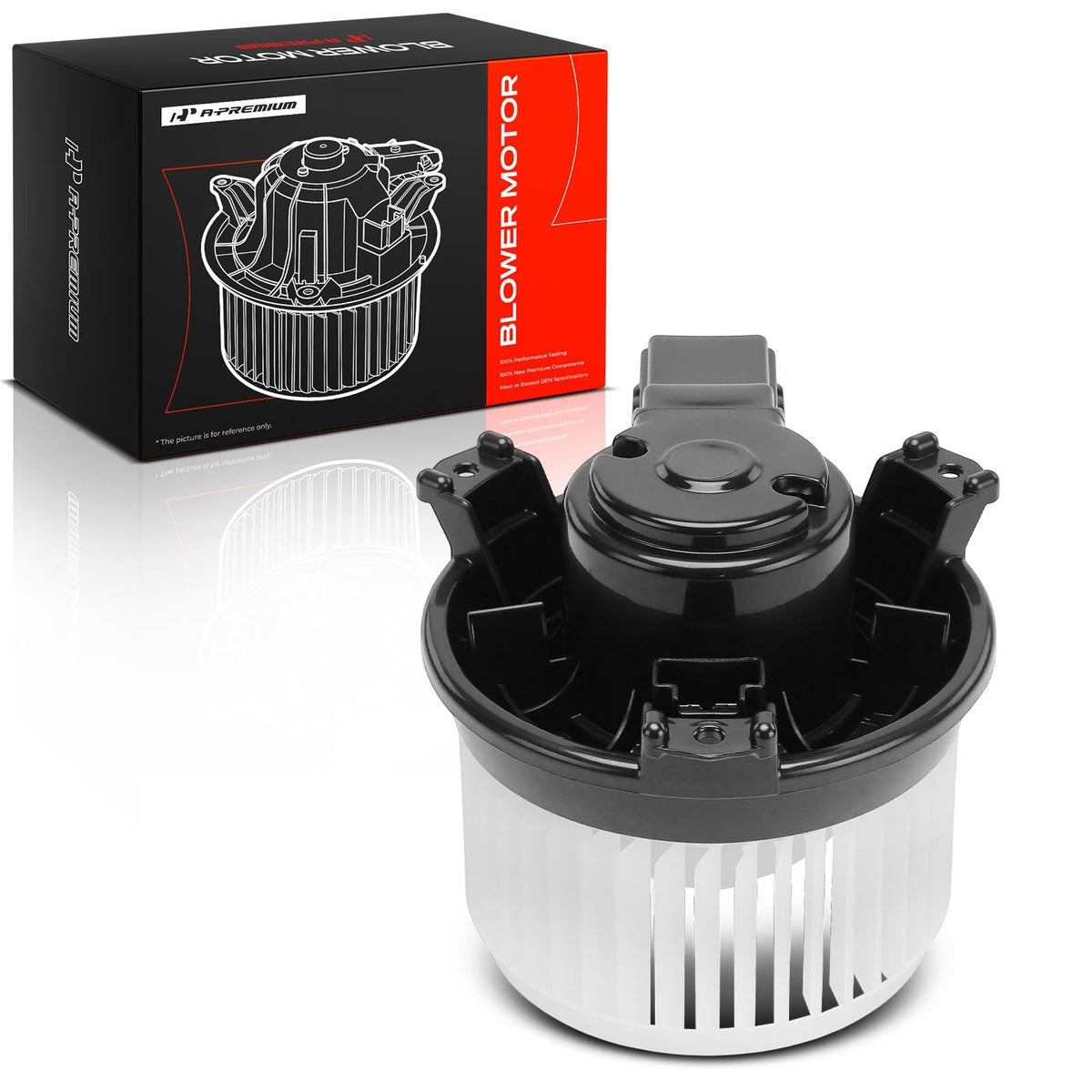 A-Premium front view of blower motor showing complete assembly and clean fit