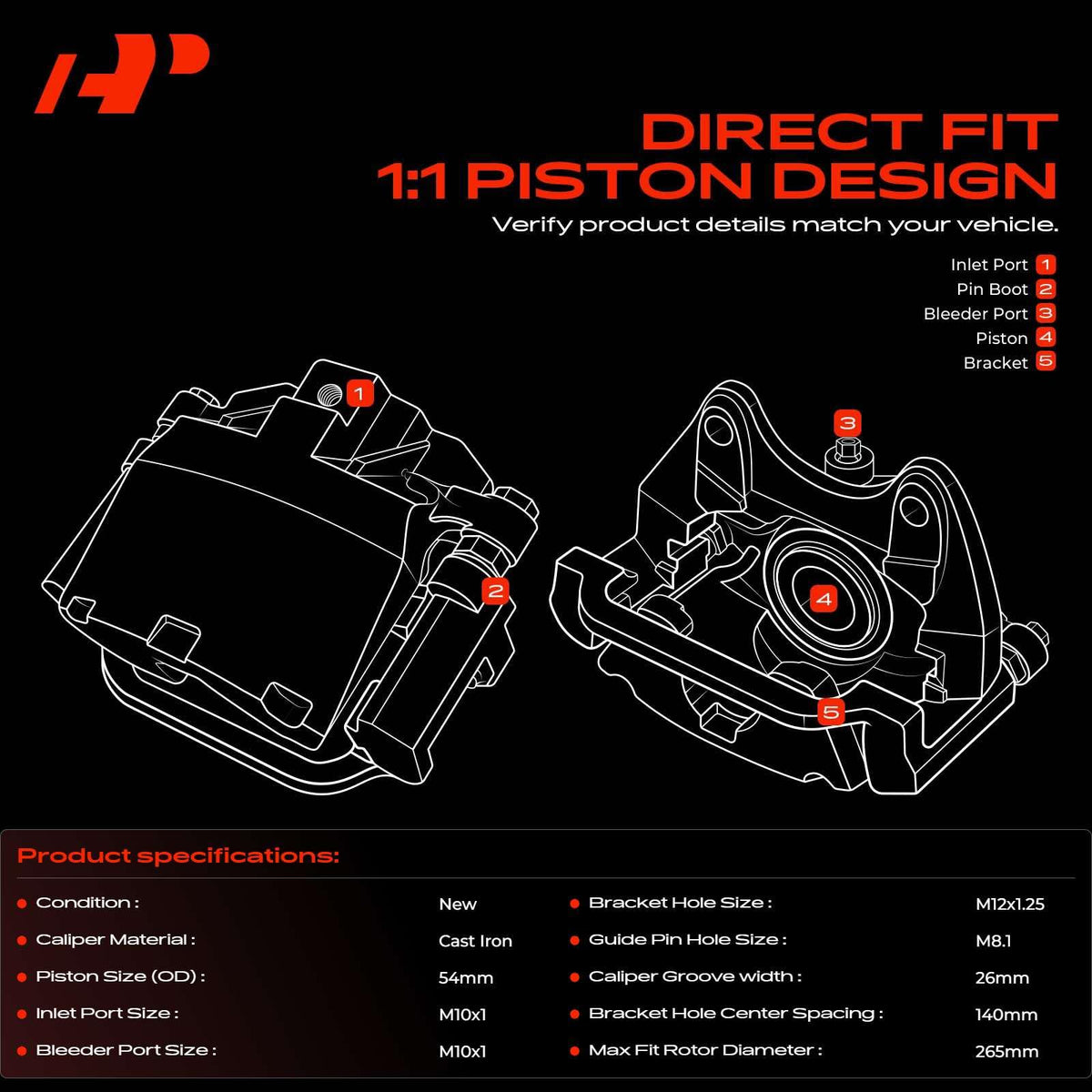 A-Premium front caliper right side view, corrosion-resistant finish for longevity