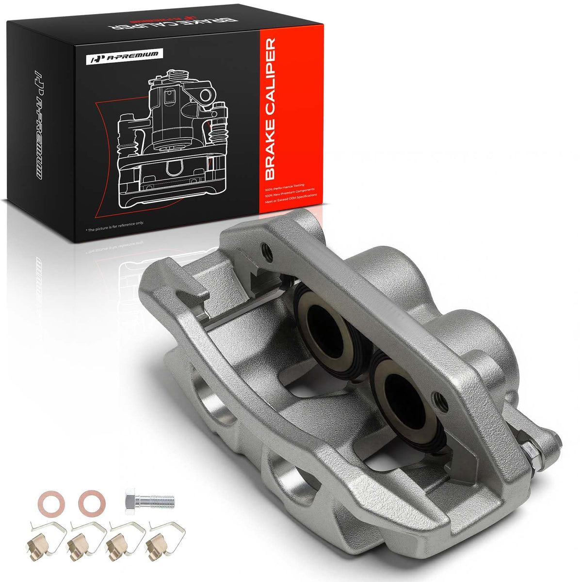 A-Premium caliper front view showing mounting points and fitment benefits