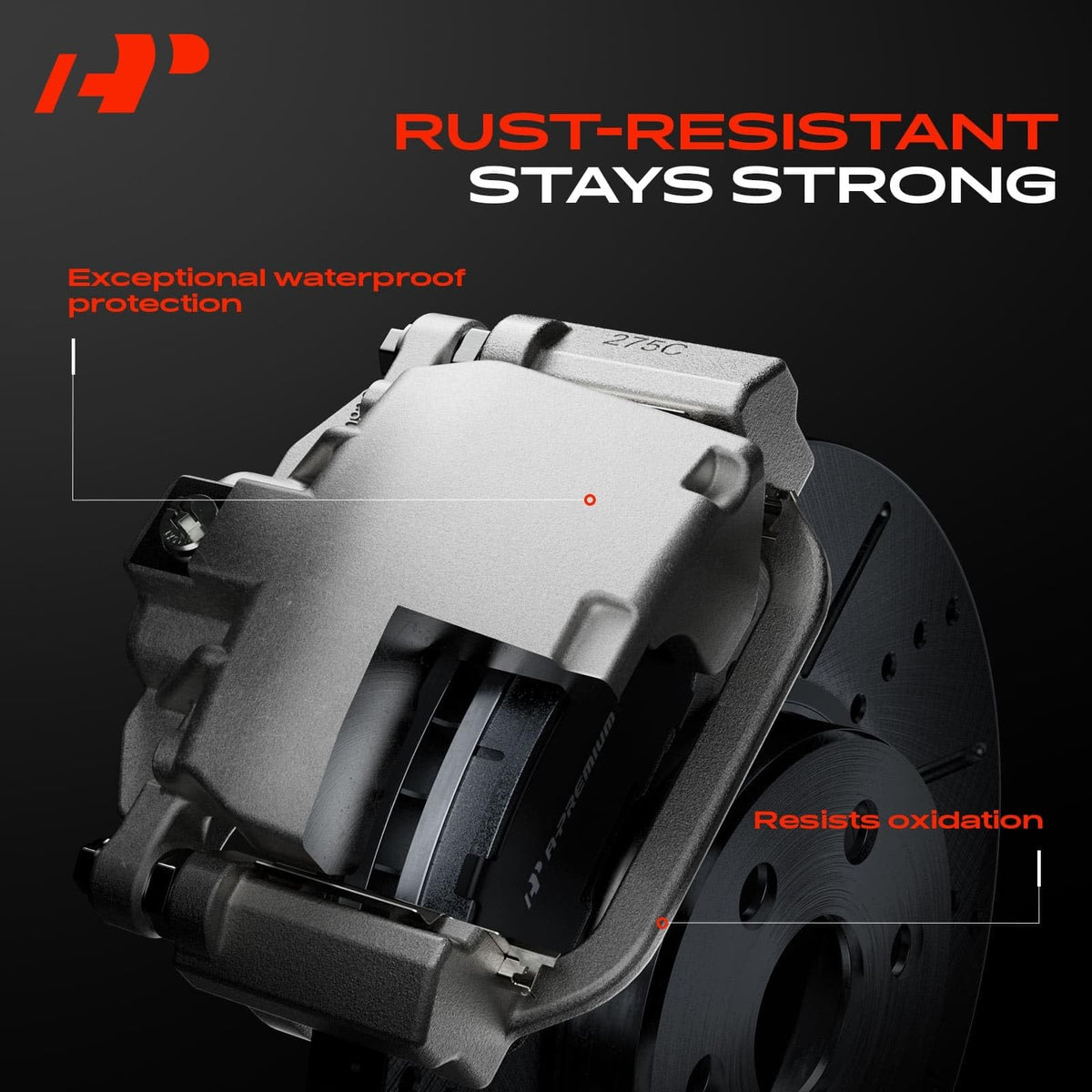 A-Premium caliper phenolic piston view illustrating reduced heat transfer and longevity