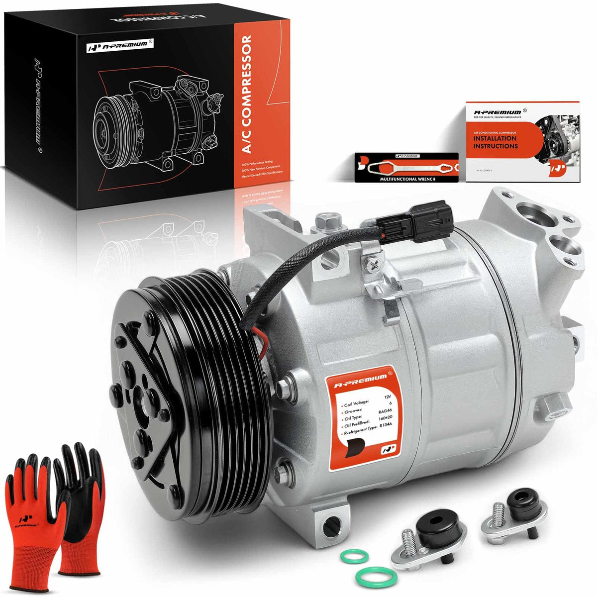A-Premium compressor front view showing mounting points and fitment benefit