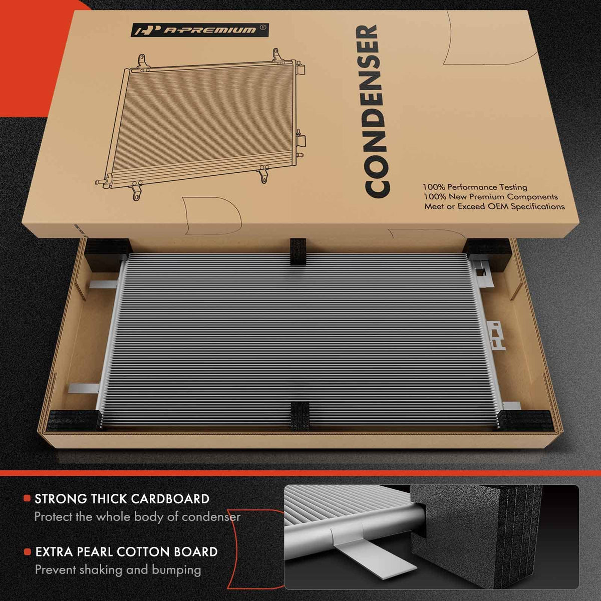 A-Premium condenser core close-up highlighting fin density for efficient cooling