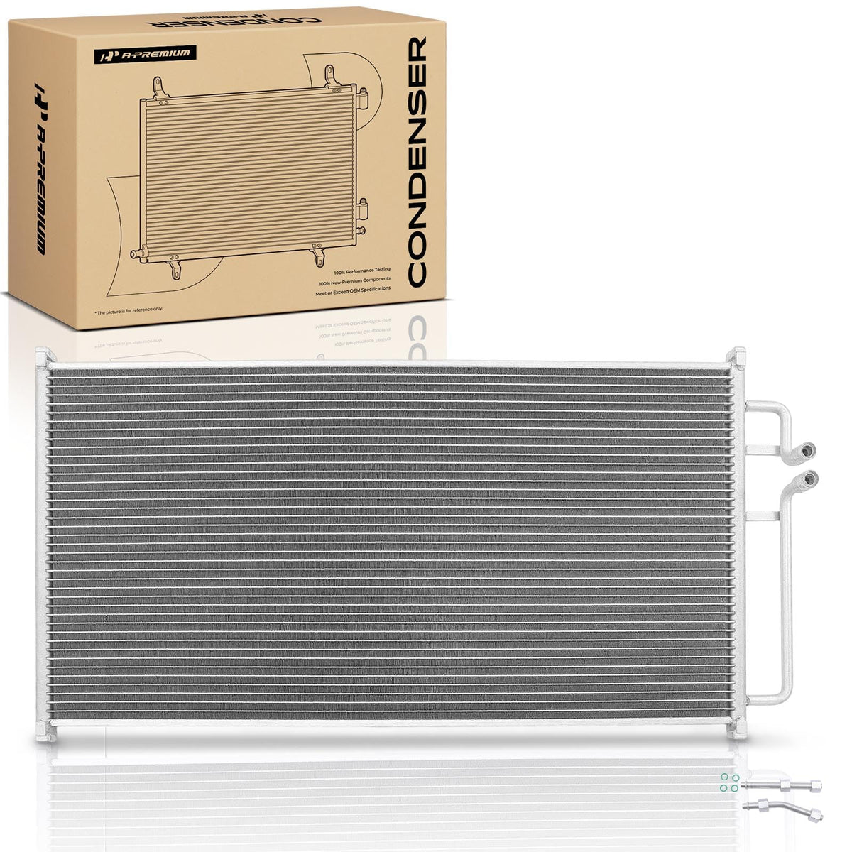 A-Premium condenser front view showing complete core and benefit of direct fit