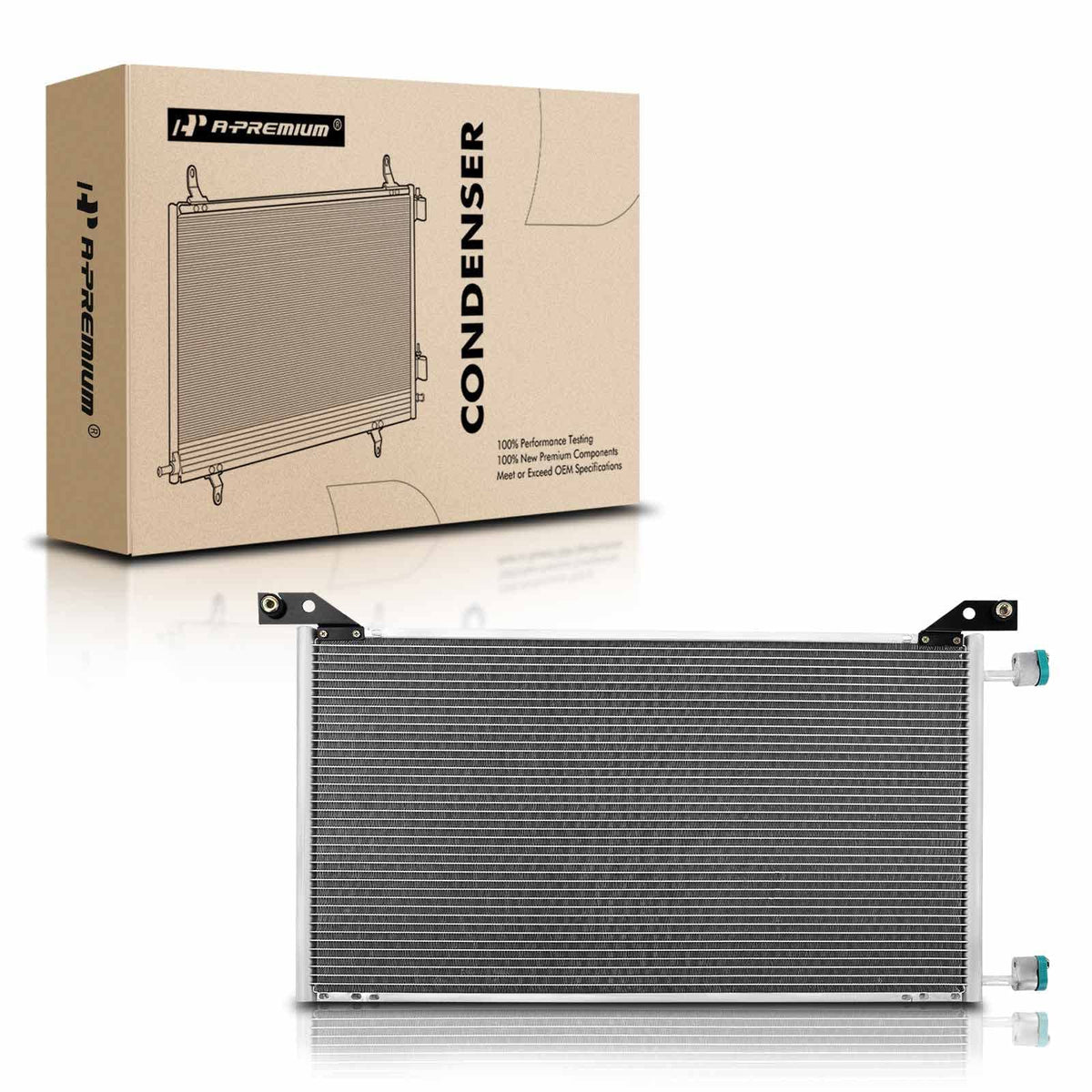 A-Premium condenser front view showing full core and bracket for accurate fit