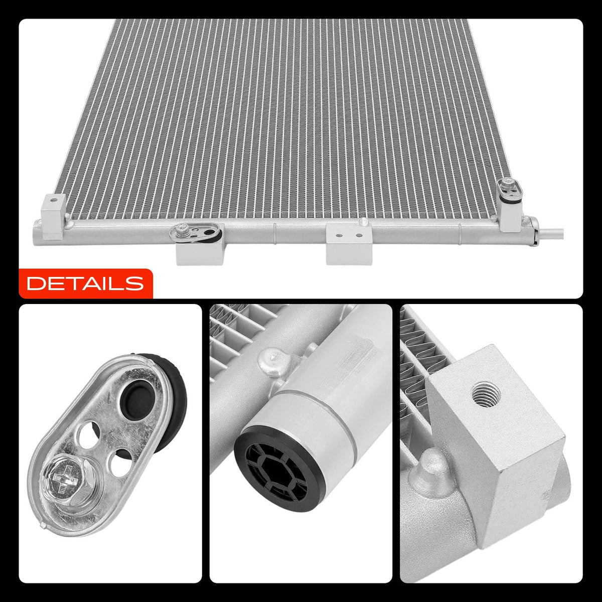 A-Premium condenser visual lifestyle with sedan on road implying restored A/C comfort