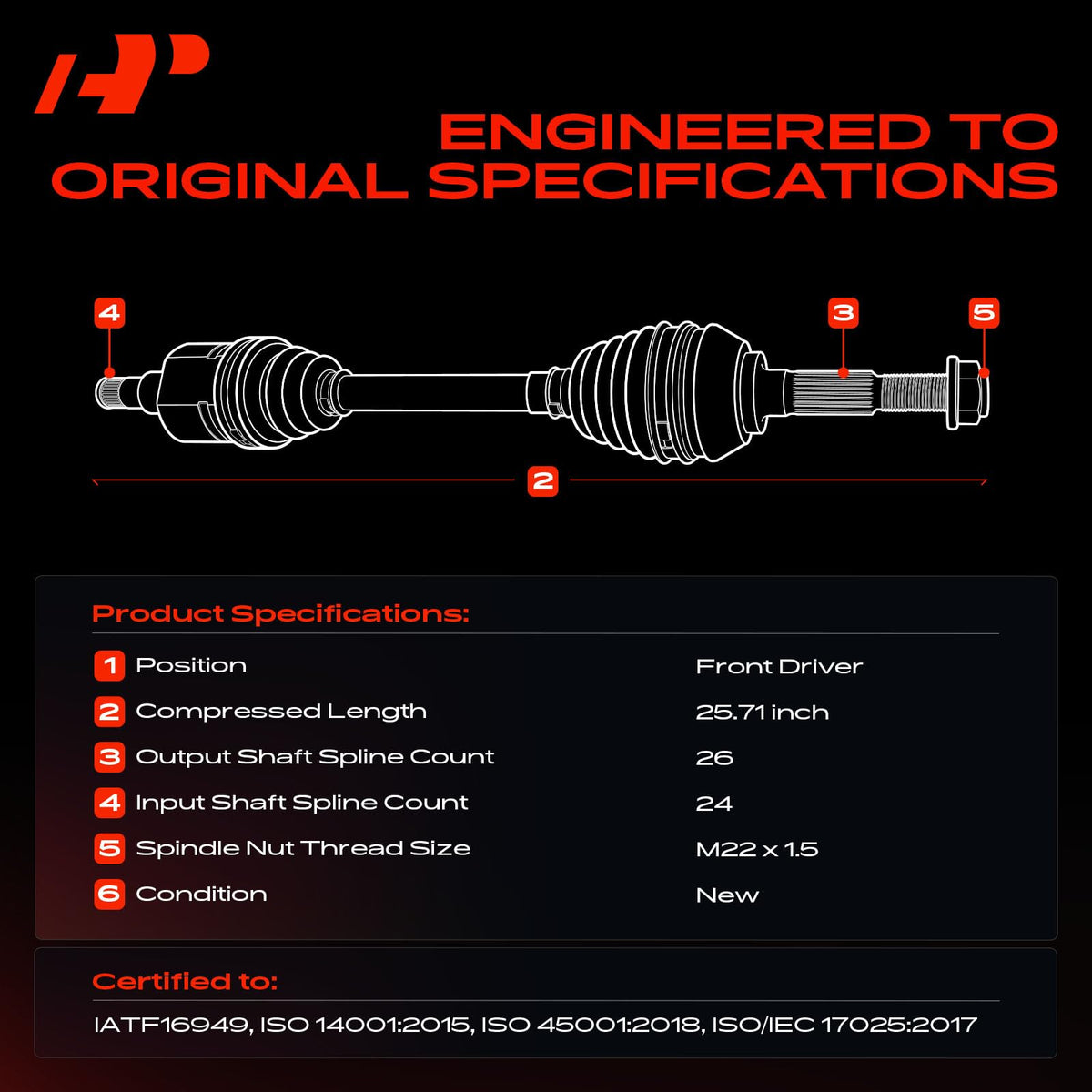 A-Premium axle spline detail showing hardened splines for reliable torque transfer