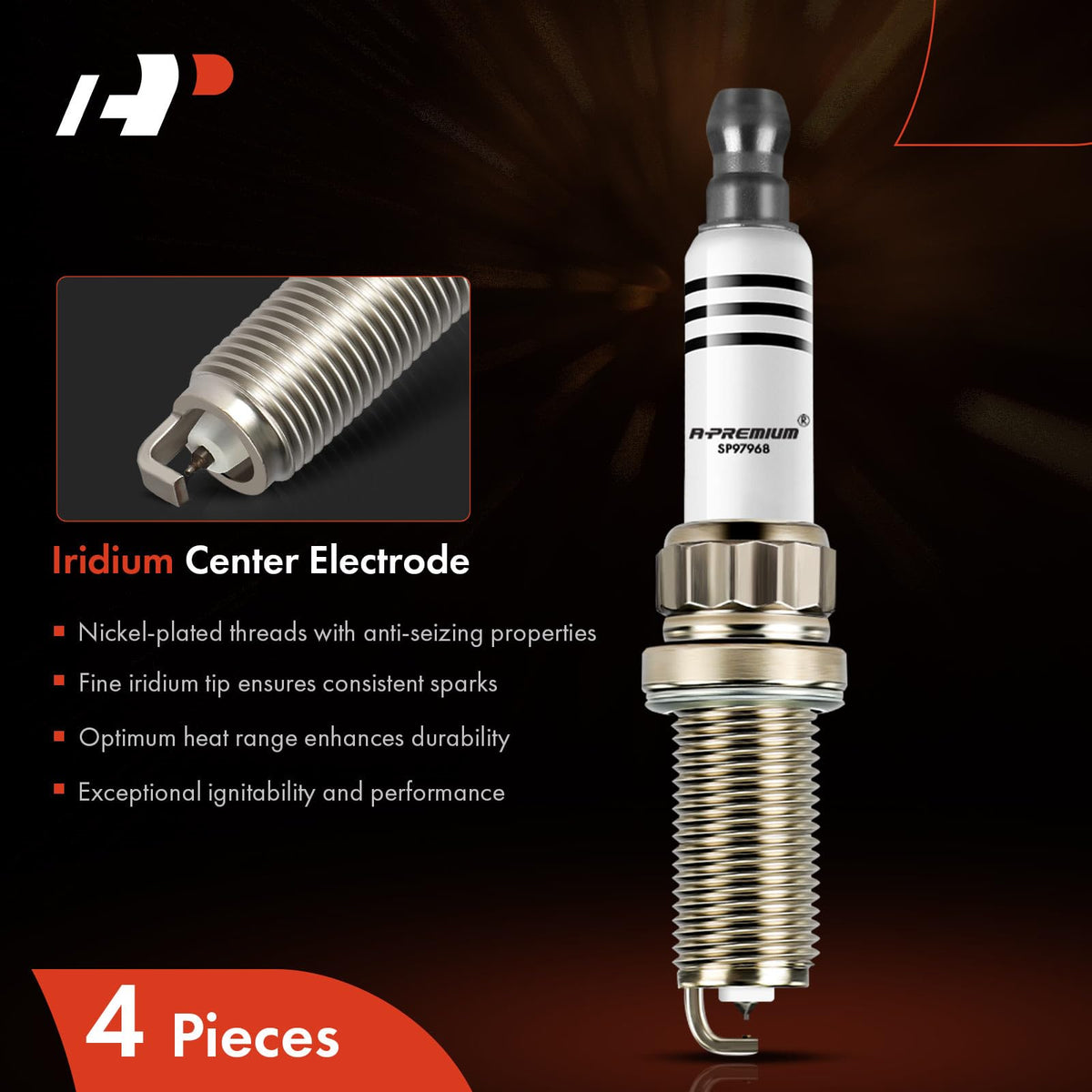 A-Premium electrode detail showing fine wire tip for precise ignition