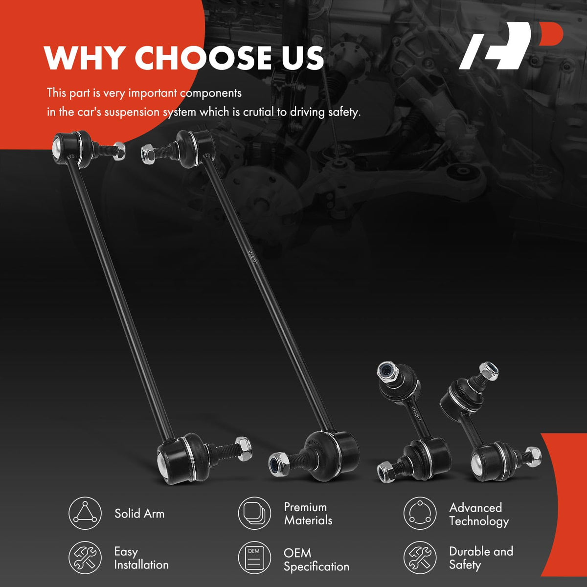 A-Premium installed rear end link on suspension reducing body roll and noise benefit