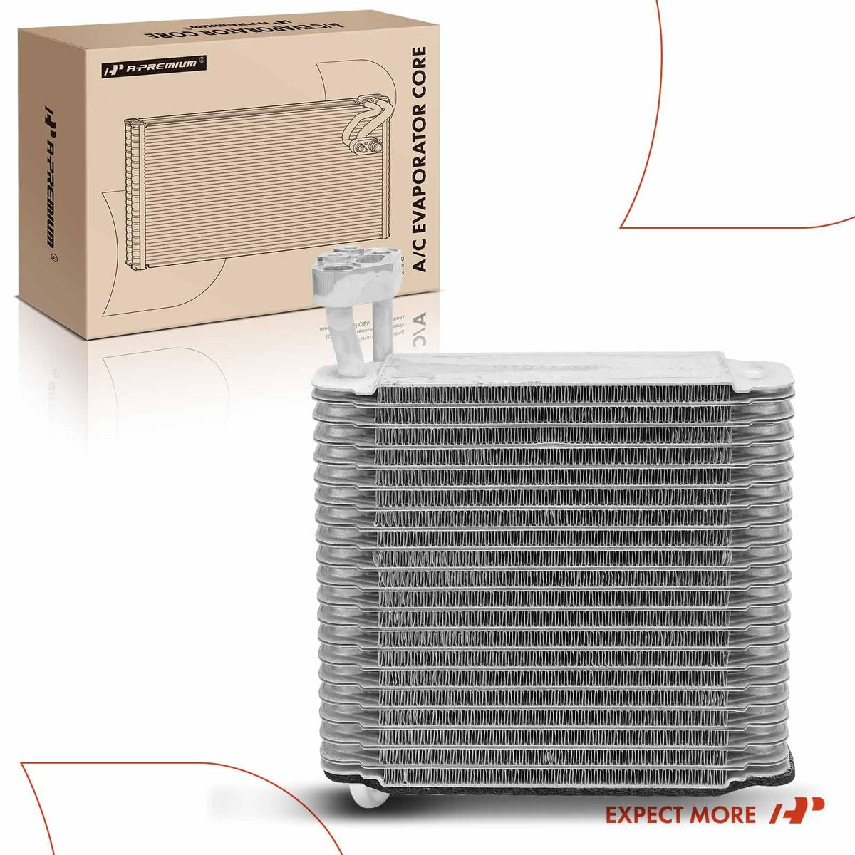 A-Premium evaporator boxed with label showing part numbers and warranty