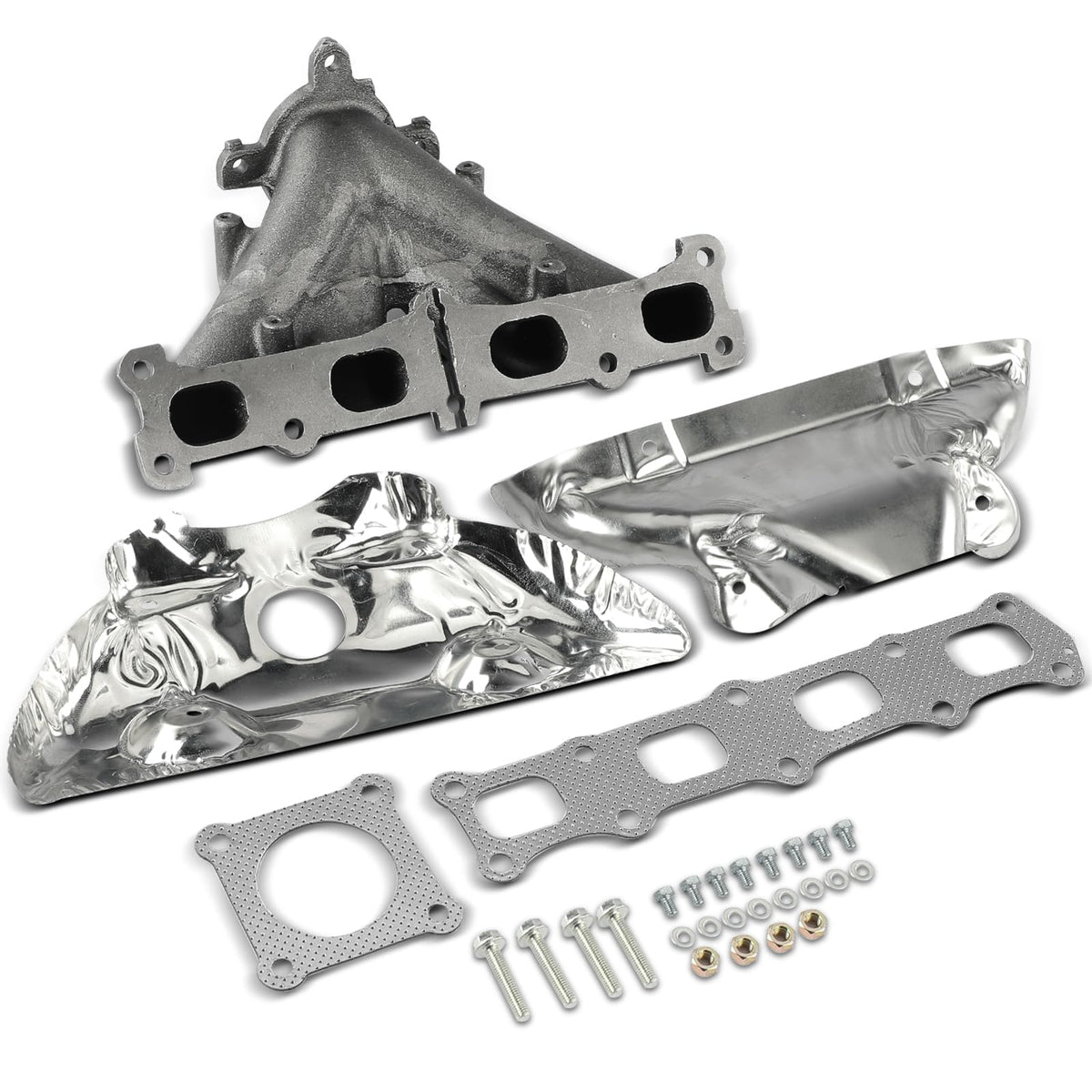 A-Premium front view of exhaust manifold showing fit and bolt locations for correct installation