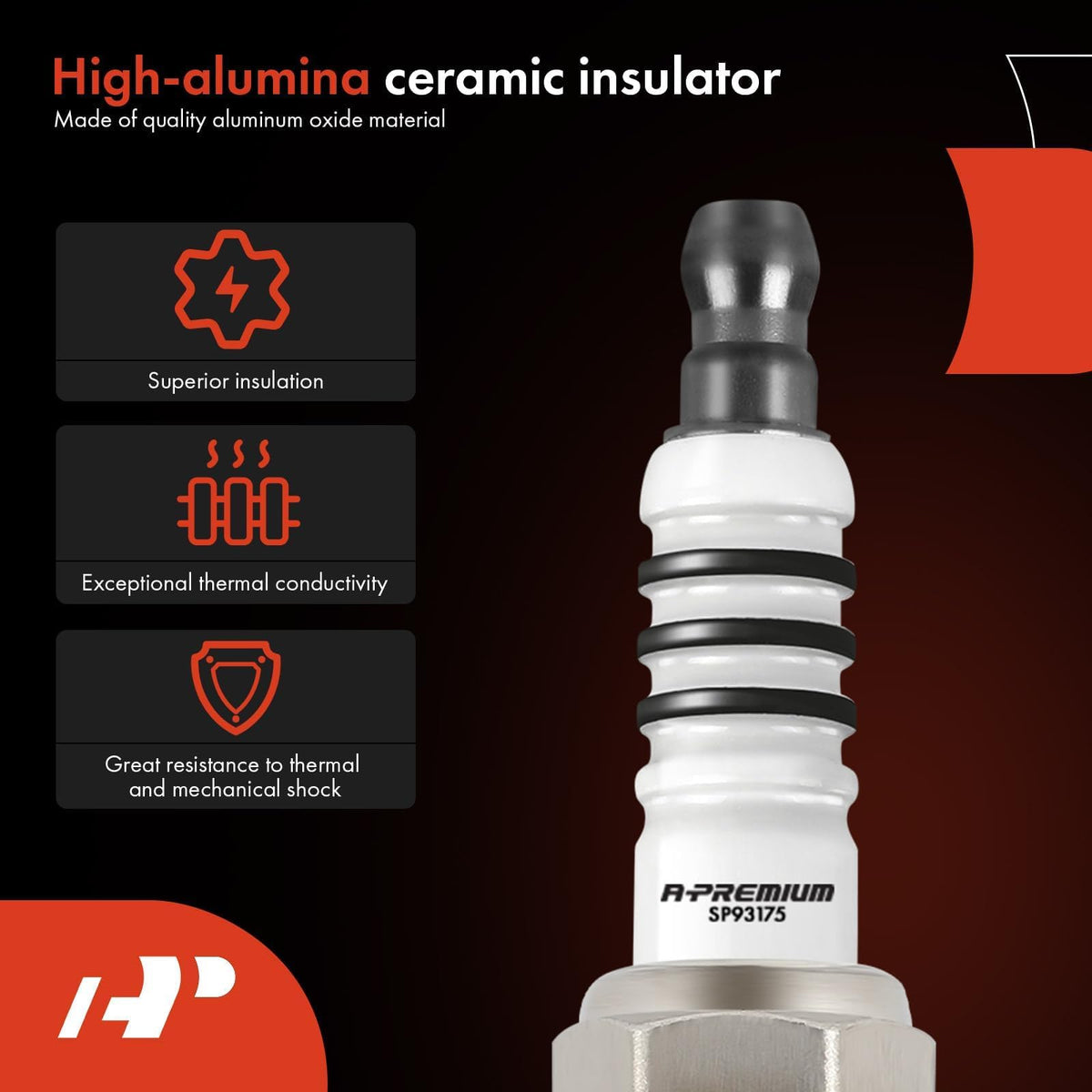 Four A-Premium spark plugs arranged to show matching corrosion-resistant finishes benefit