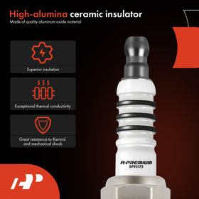 Four A-Premium spark plugs arranged to show matching corrosion-resistant finishes benefit