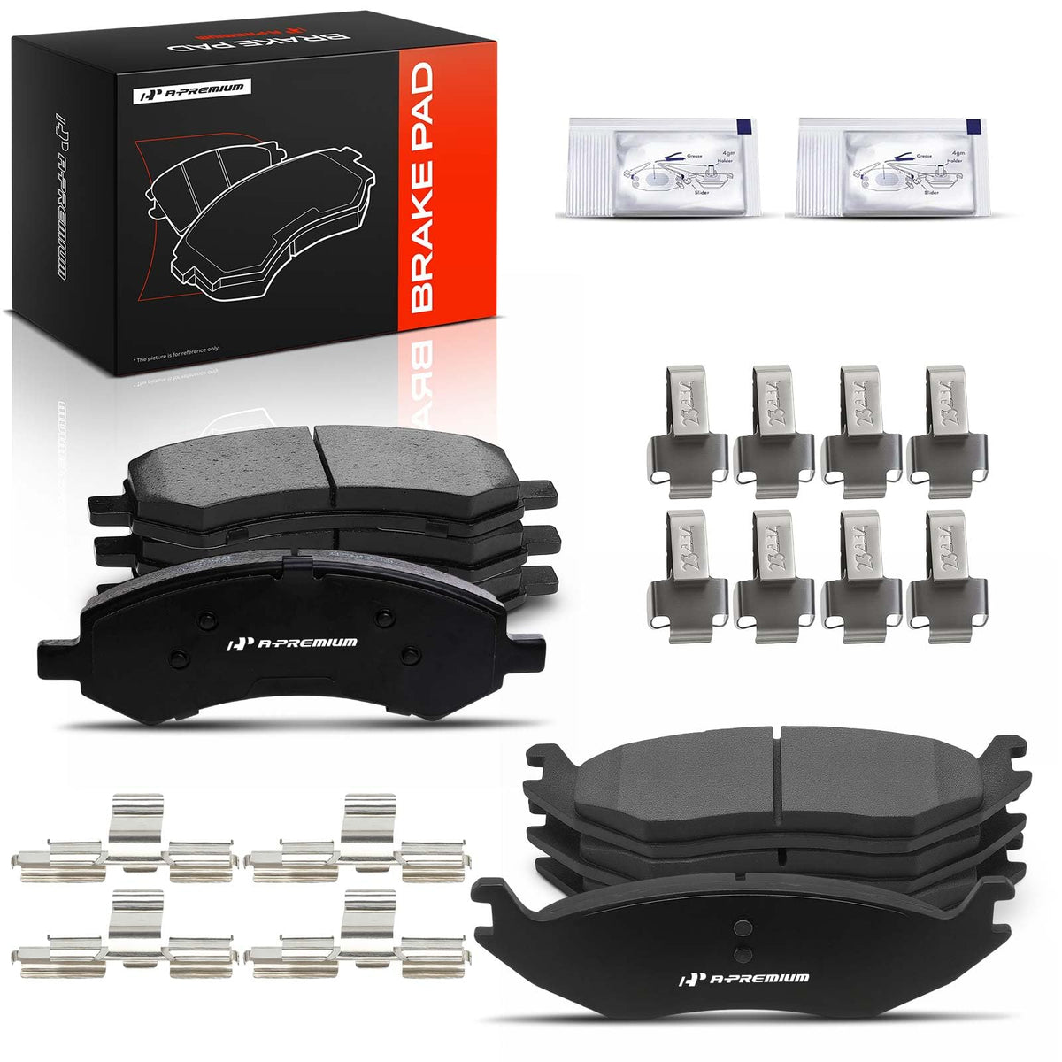 A-Premium boxed kit showing front and rear pads and contents benefits convenience