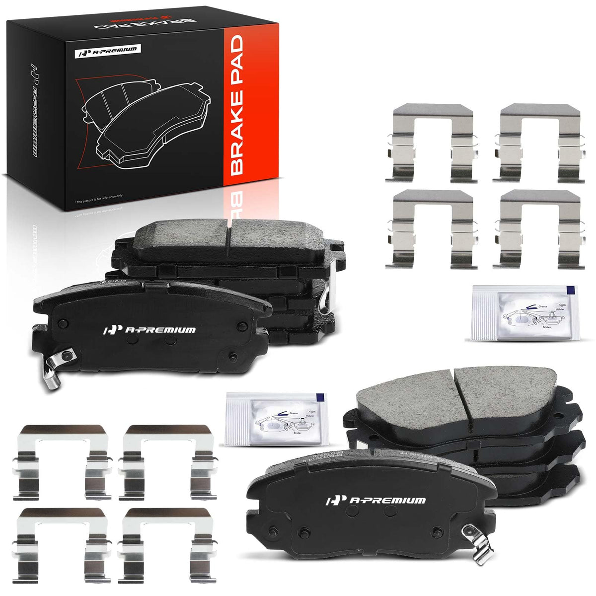 A-Premium packaging showing full front and rear pad kit and benefits