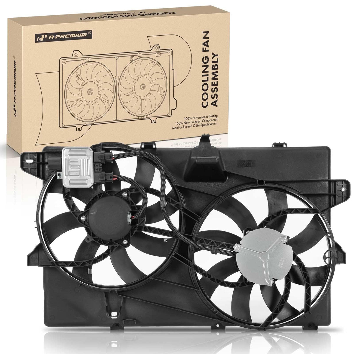 A-Premium front view of dual fan assembly showing full shroud and mounting points, ensures correct fit