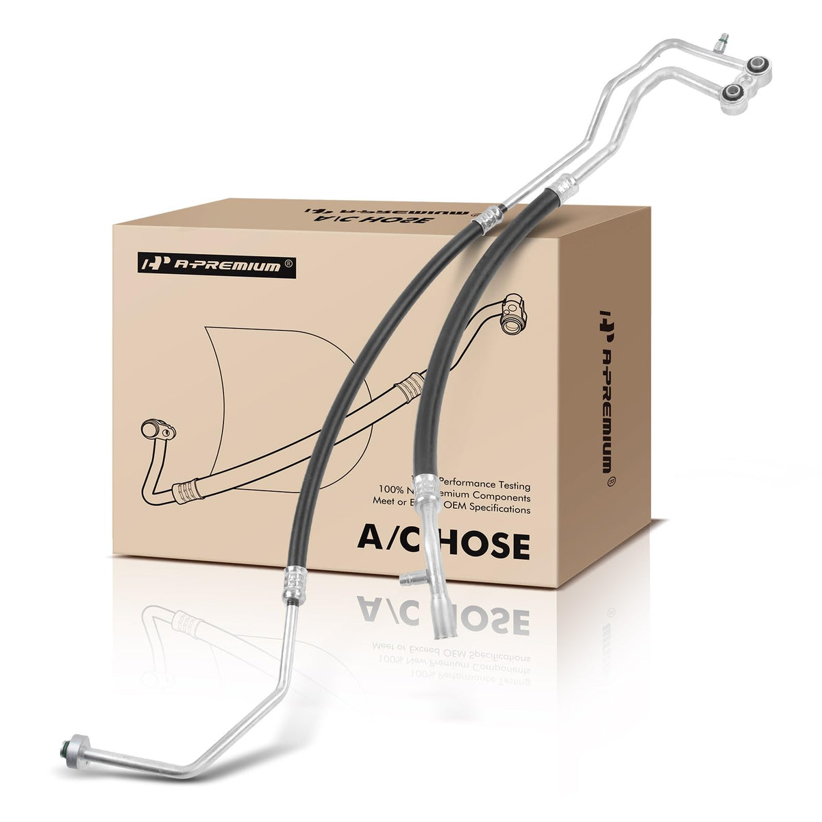 A-Premium front view of A/C hose assembly showing full layout and direct-fit benefits