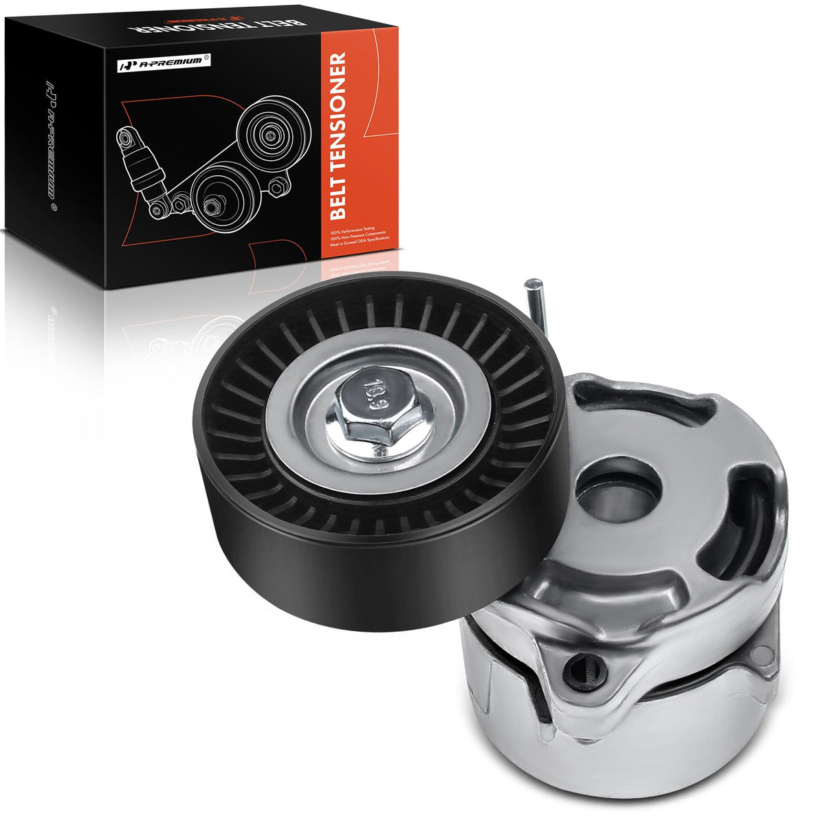 A-Premium front view of tensioner assembly showing mount points and benefits
