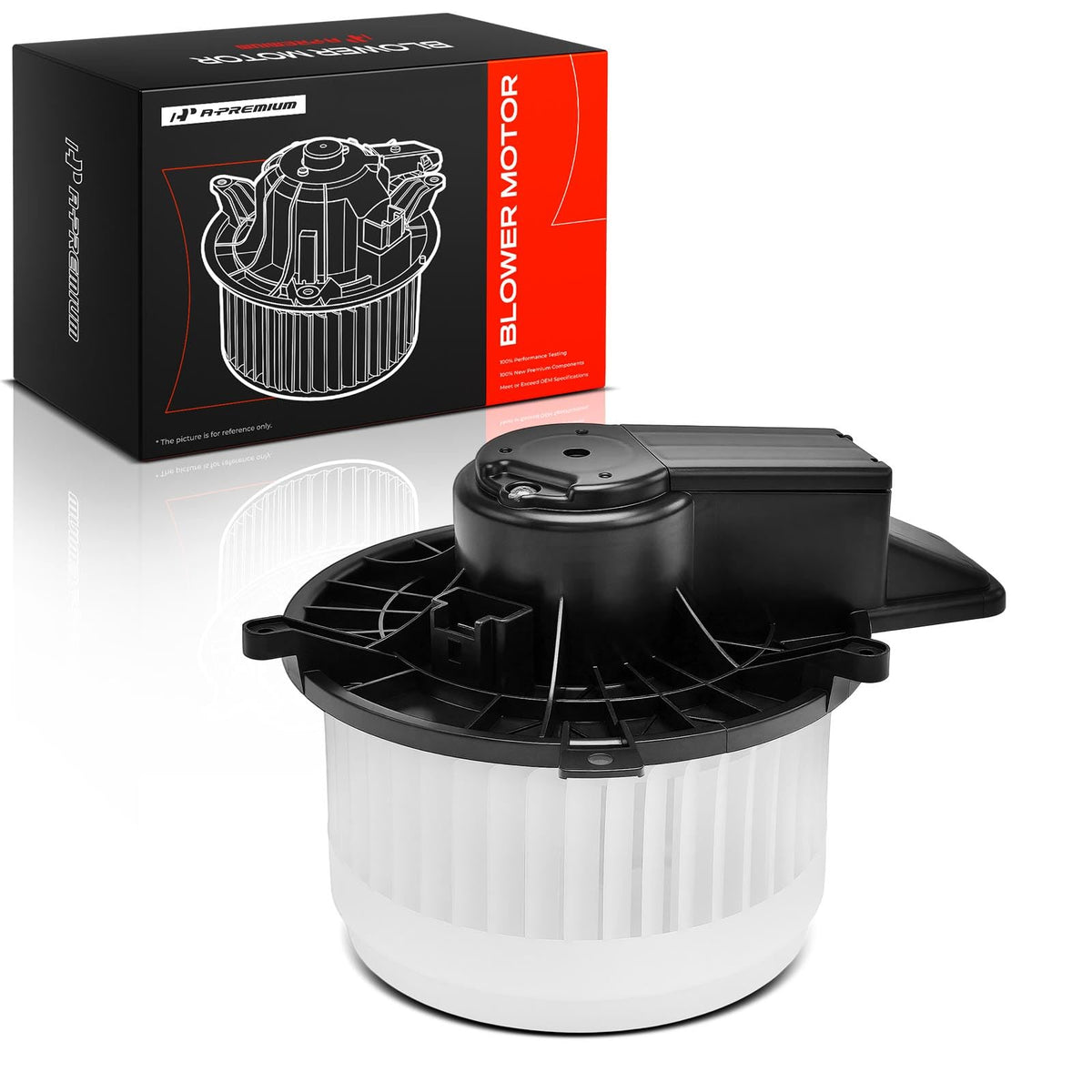 A-Premium front blower assembly packaged showing box and included fan cage, clear fitment benefit
