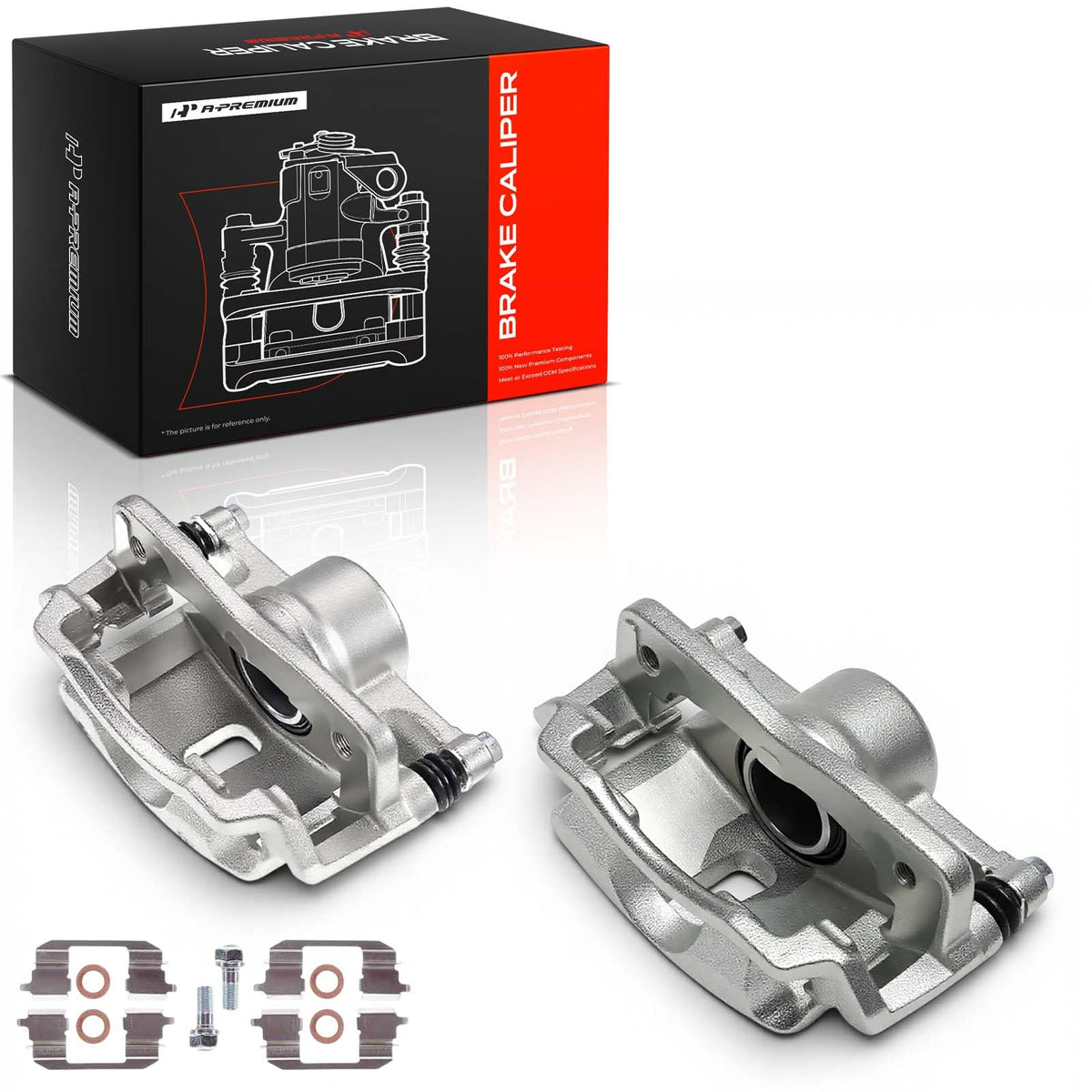 A-Premium packaging showing two front calipers, secure fit and ready to install