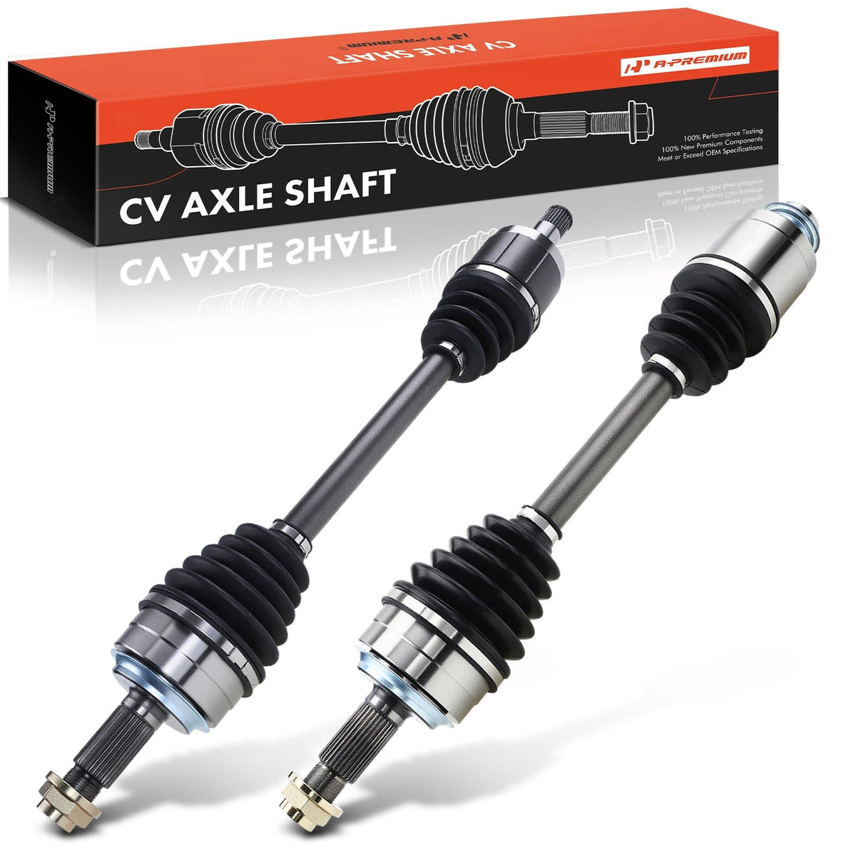 A-Premium front CV axles packaging showing both shafts and benefits