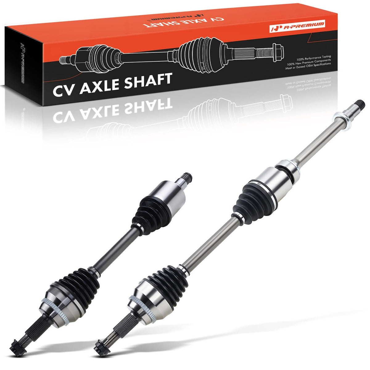 A-Premium packaged front CV axles showing both shafts and boxed warranty benefit