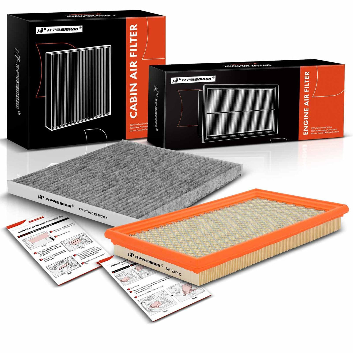 A-Premium boxed engine and cabin filter set showing complete kit benefits