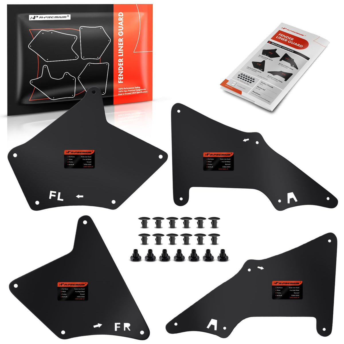 A-Premium packaged front fender liners showing complete set and benefit of ready-to-install